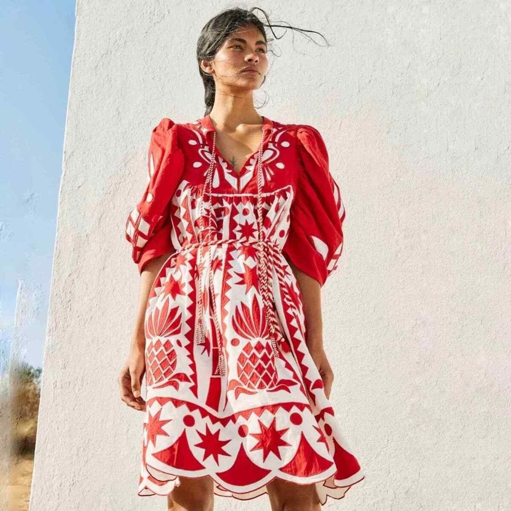 FARM Rio Red and White Tropical Cutwork Midi Dress